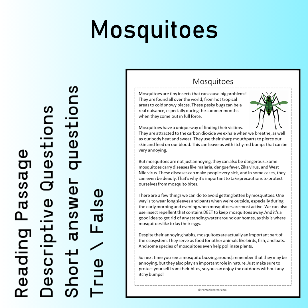 Mosquitoes | Reading Comprehension Passage Printable Worksheet