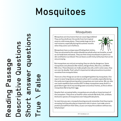 Mosquitoes | Reading Comprehension Passage Printable Worksheet