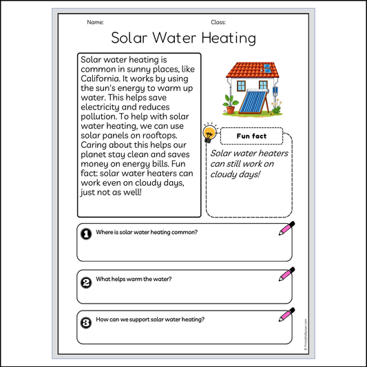 Solar Water Heating | Reading Passage Comprehension Questions Writing Facts Worksheet