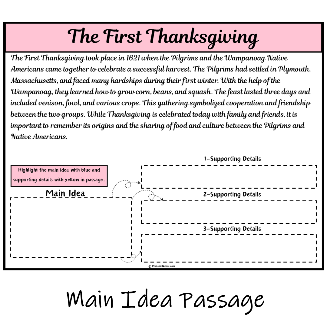 The First Thanksgiving | Main Idea and Supporting Details Reading Passage and Questions