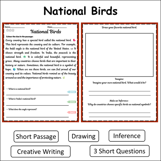 National Birds | Short Reading Comprehension Creative Worksheet