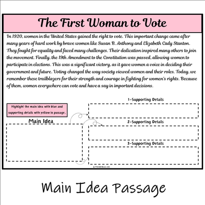 The First Woman to Vote | Main Idea and Supporting Details Reading Passage and Questions