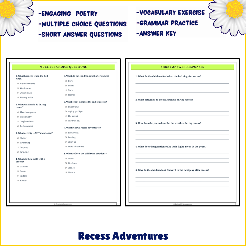 Recess Adventures | Poem Grammar Worksheet Printable Activity