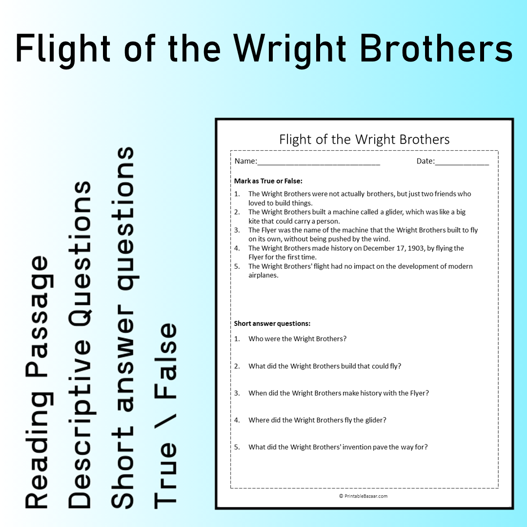 Flight of the Wright Brothers | Reading Comprehension Passage Printable Worksheet