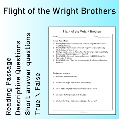 Flight of the Wright Brothers | Reading Comprehension Passage Printable Worksheet