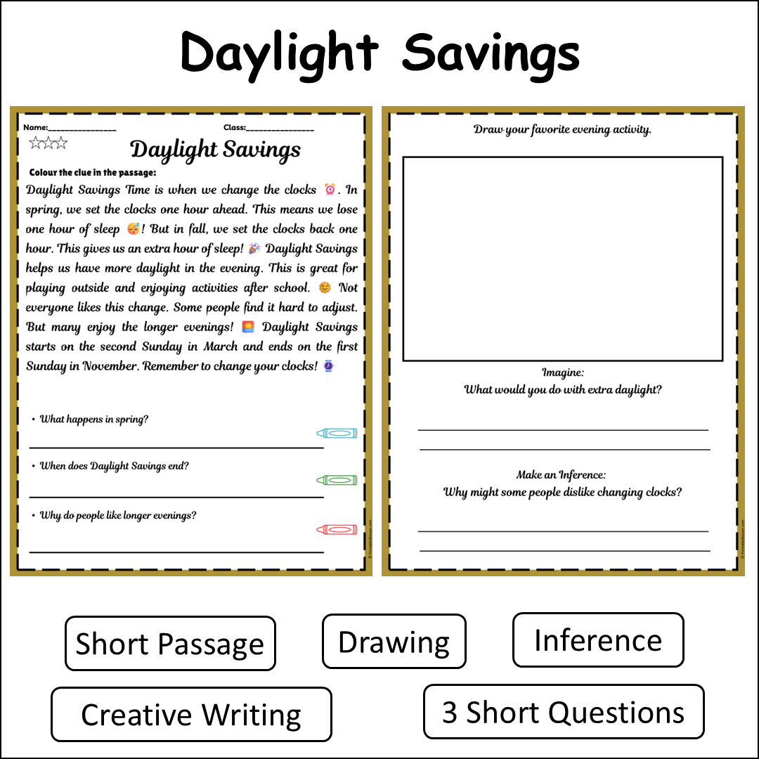 Daylight Savings | Short Reading Comprehension Creative Worksheet
