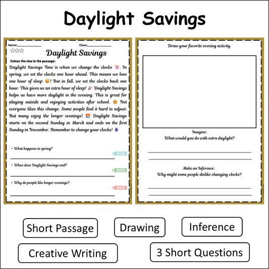 Daylight Savings | Short Reading Comprehension Creative Worksheet