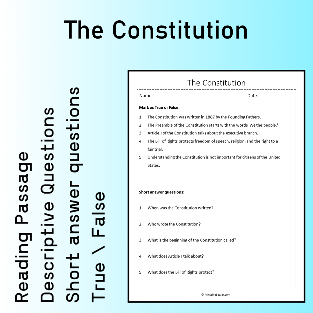 The Constitution | Reading Comprehension Passage Printable Worksheet