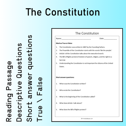 The Constitution | Reading Comprehension Passage Printable Worksheet