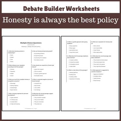 Honesty is always the best policy | Favour and Against Worksheet Printable Activity