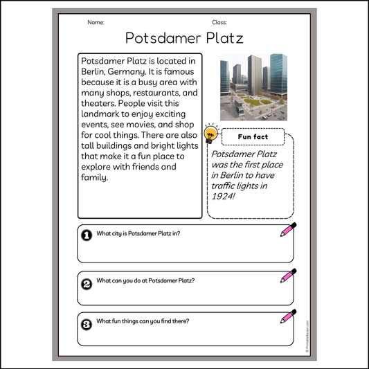 Potsdamer Platz | Reading Passage Comprehension Questions Writing Facts Worksheet