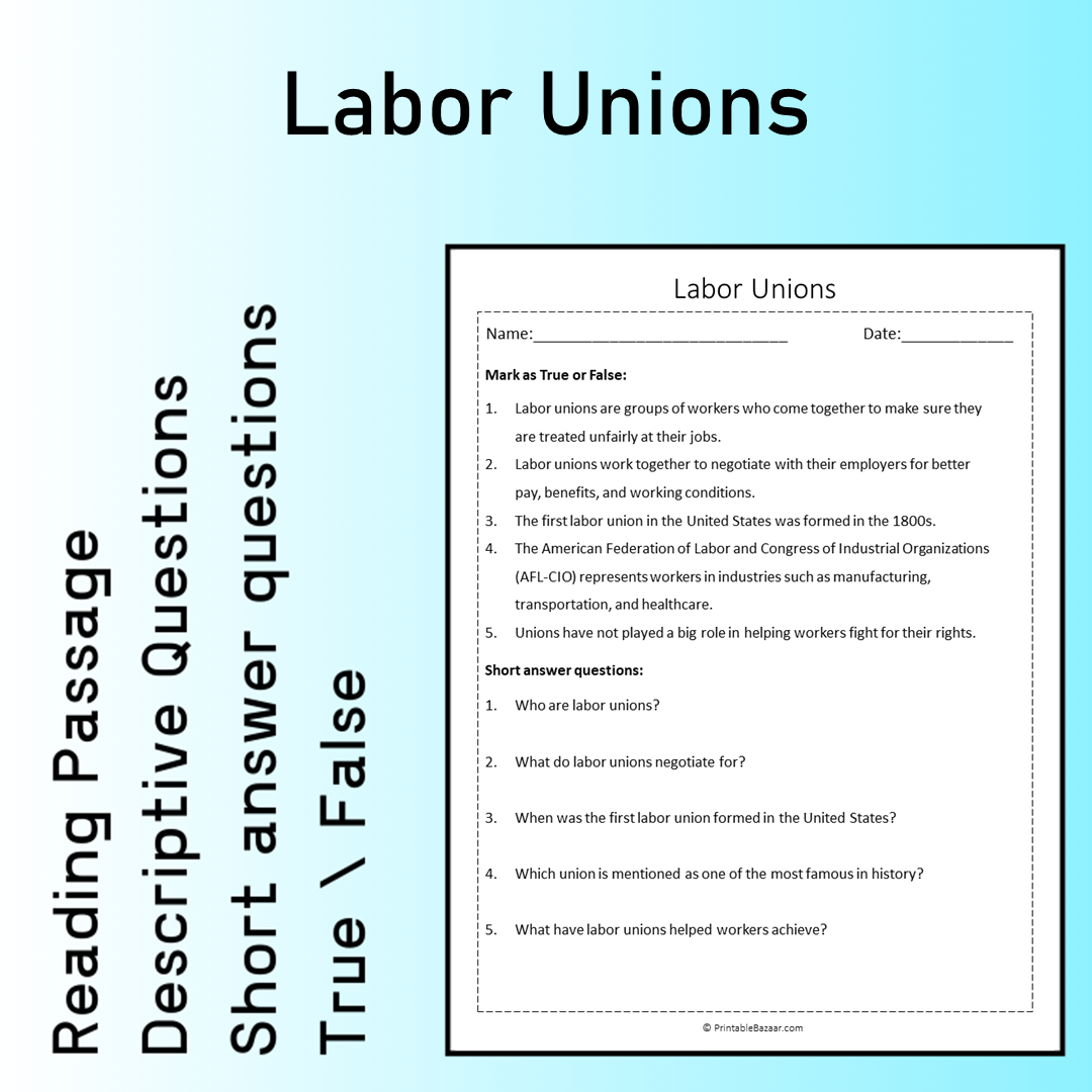 Labor Unions | Reading Comprehension Passage Printable Worksheet