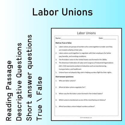 Labor Unions | Reading Comprehension Passage Printable Worksheet