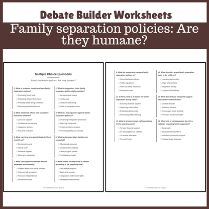 Family separation policies: Are they humane? | Favour and Against Worksheet Printable Activity