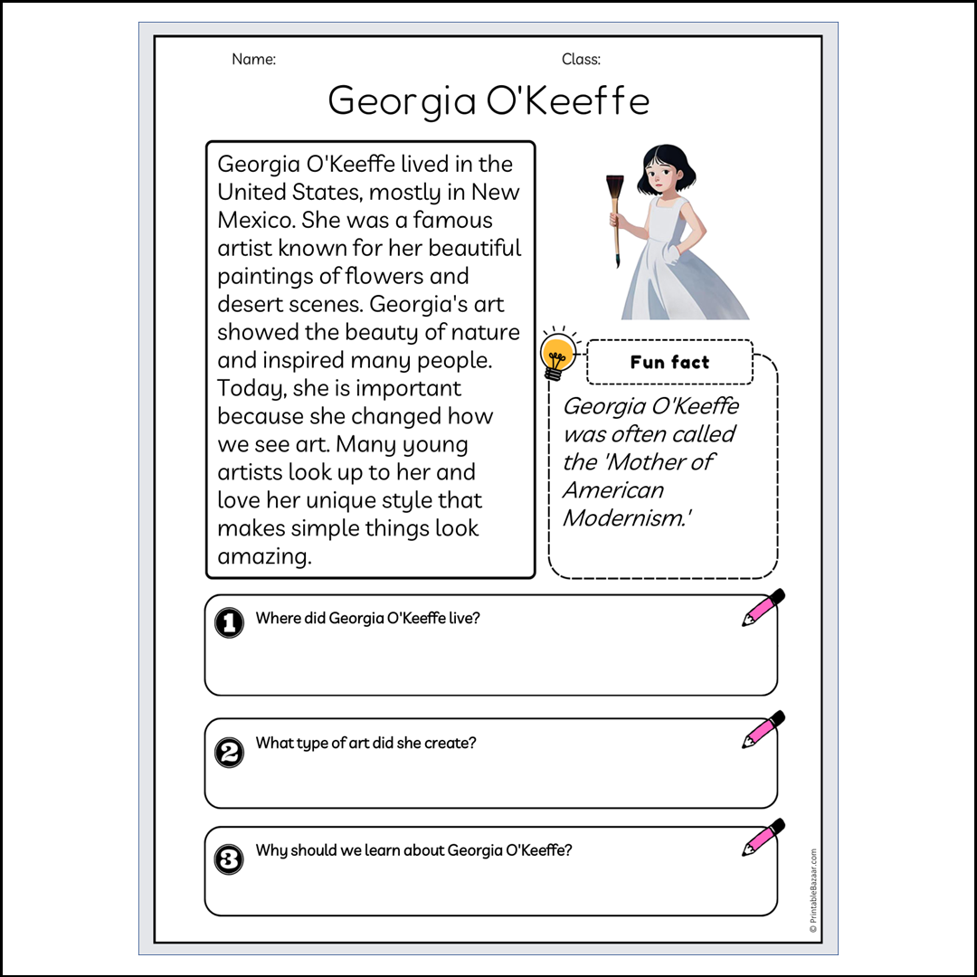 Georgia O'Keeffe | Reading Passage Comprehension Questions Writing Facts Worksheet