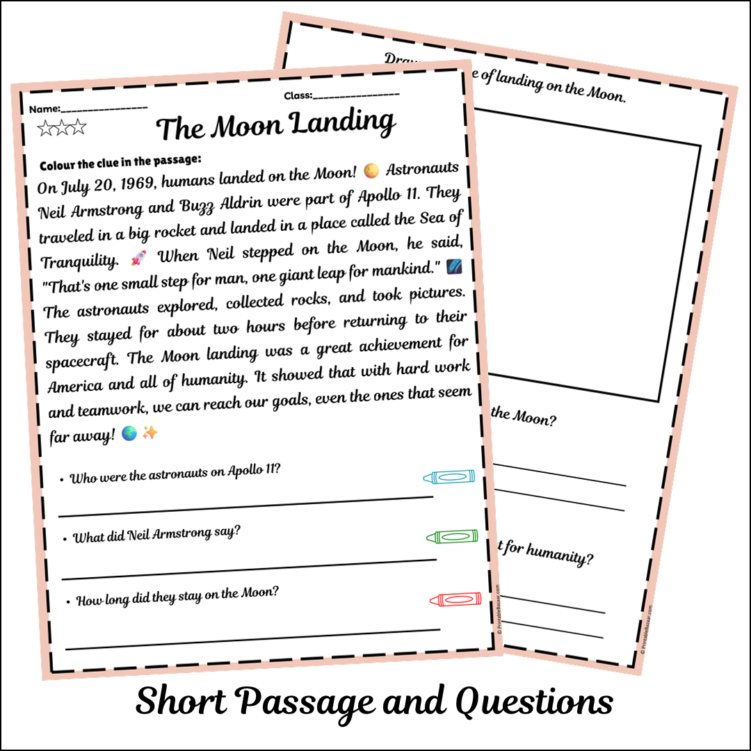 The Moon Landing | Short Reading Comprehension Creative Worksheet