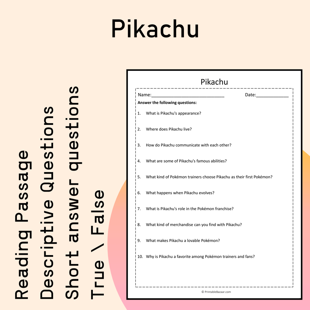 Pikachu | Reading Comprehension Passage Printable Activity