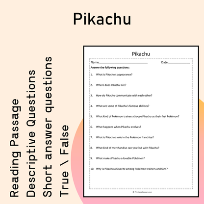 Pikachu | Reading Comprehension Passage Printable Activity