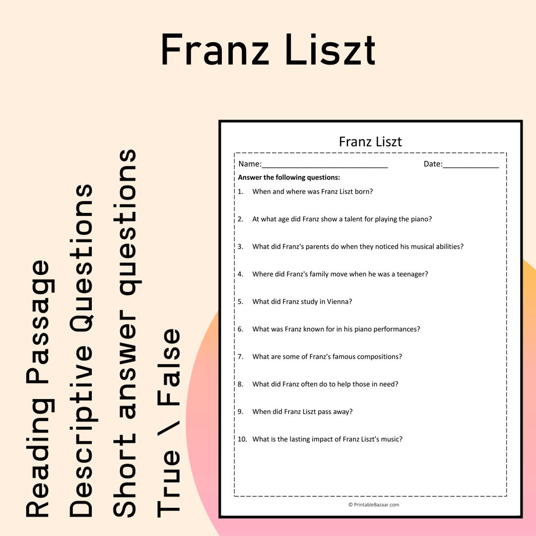 Franz Liszt | Reading Comprehension Passage Printable Activity