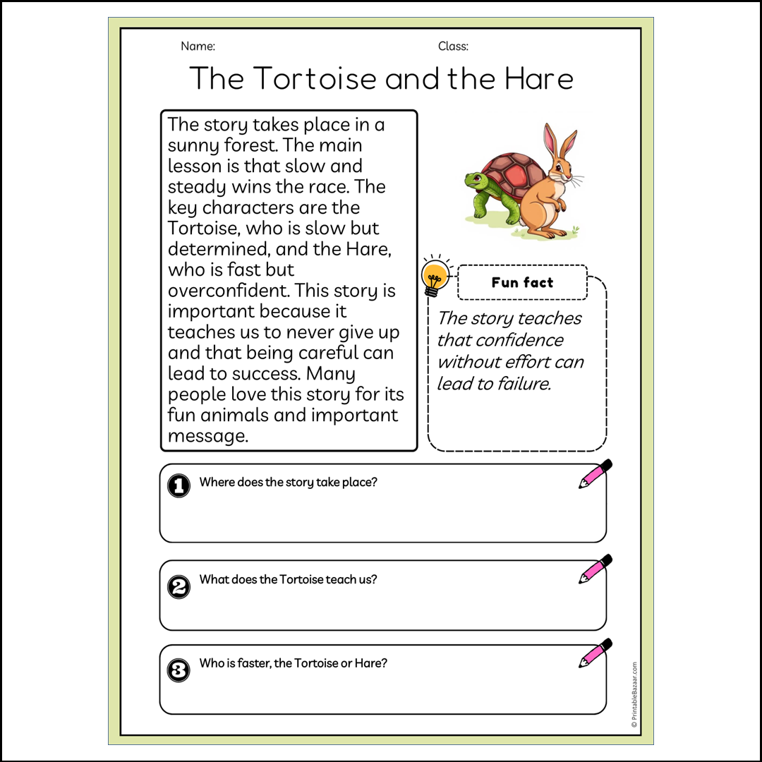 The Tortoise and the Hare | Reading Passage Comprehension Questions Writing Facts Worksheet