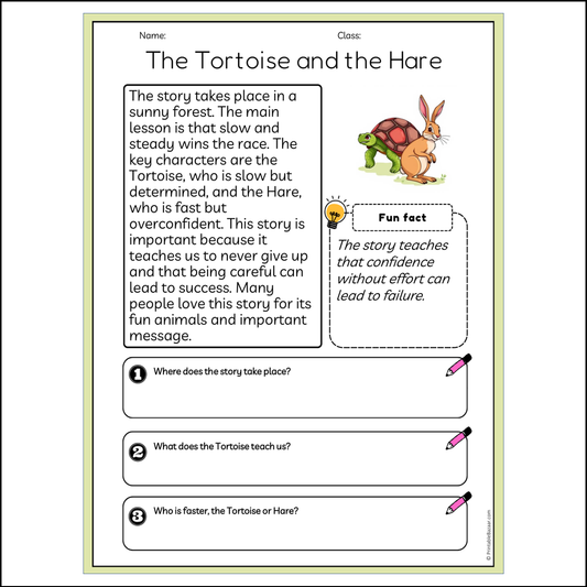 The Tortoise and the Hare | Reading Passage Comprehension Questions Writing Facts Worksheet