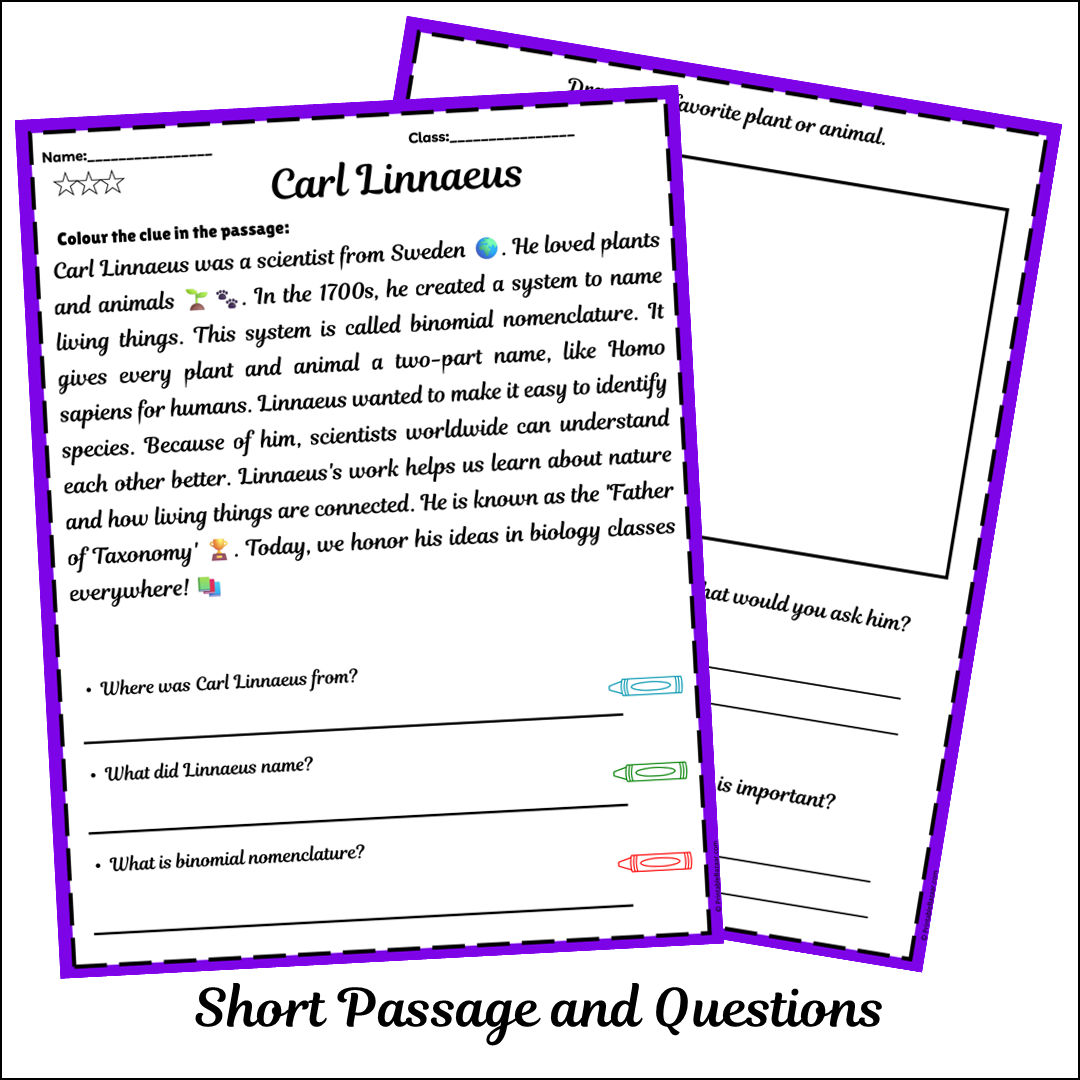Carl Linnaeus | Short Reading Comprehension Creative Worksheet
