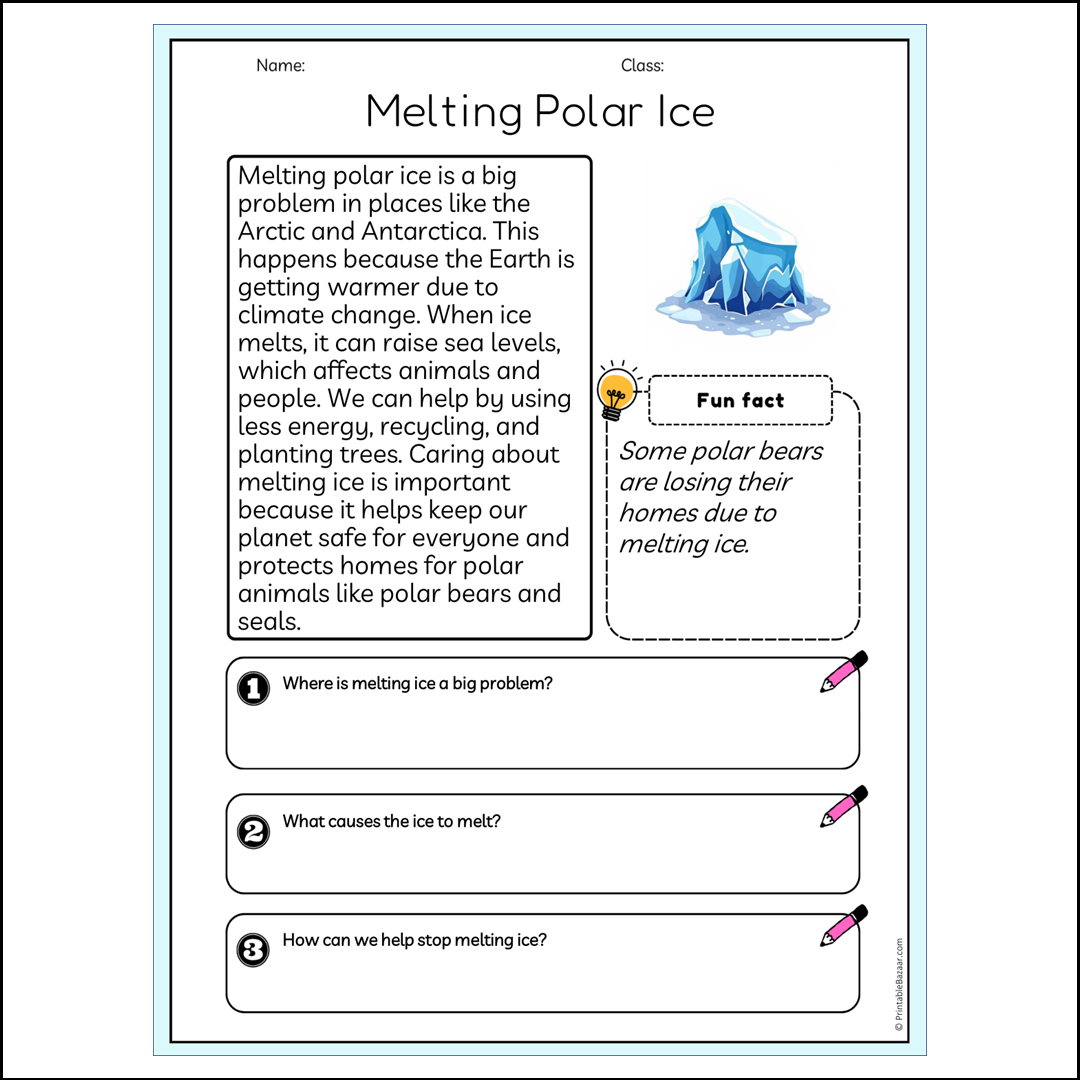 Melting Polar Ice | Reading Passage Comprehension Questions Writing Facts Worksheet