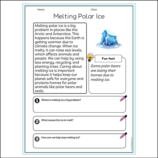 Melting Polar Ice | Reading Passage Comprehension Questions Writing Facts Worksheet