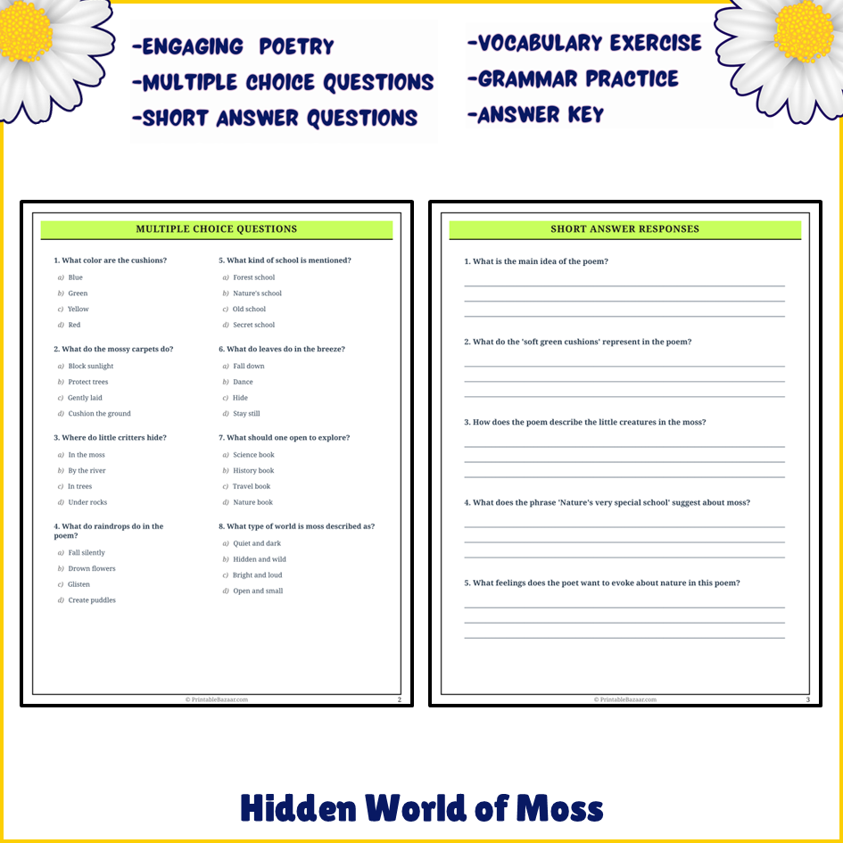 Hidden World of Moss | Poem Grammar Worksheet Printable Activity