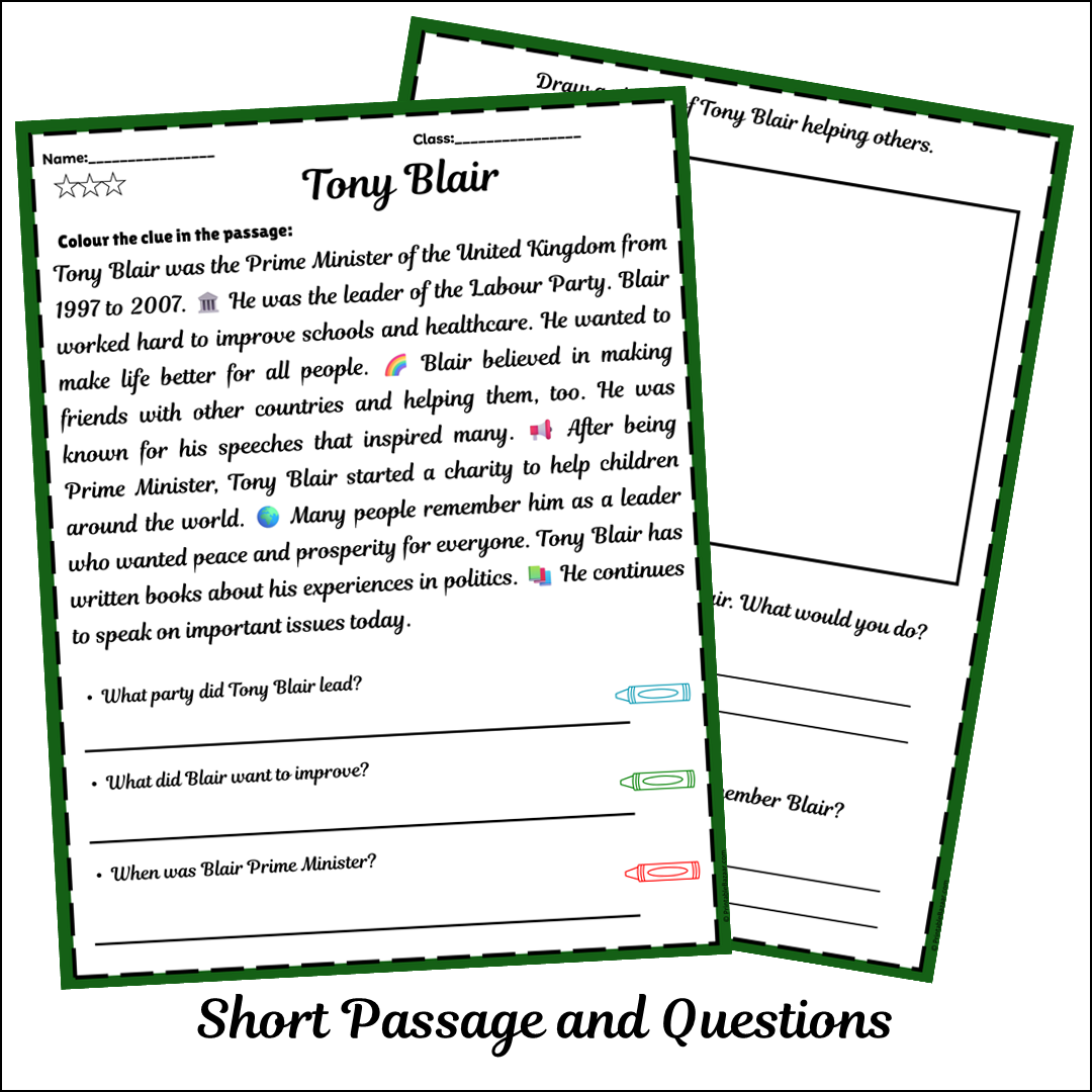 Tony Blair | Short Reading Comprehension Creative Worksheet