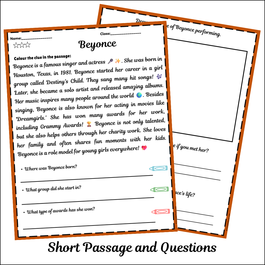 Beyonce | Short Reading Comprehension Creative Worksheet
