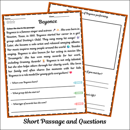 Beyonce | Short Reading Comprehension Creative Worksheet