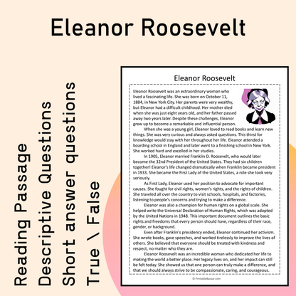 Eleanor Roosevelt | Reading Comprehension Passage Printable Activity