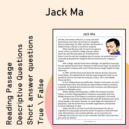 Jack Ma | Reading Comprehension Passage Printable Activity