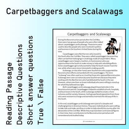 Carpetbaggers and Scalawags | Reading Comprehension Passage Printable Worksheet