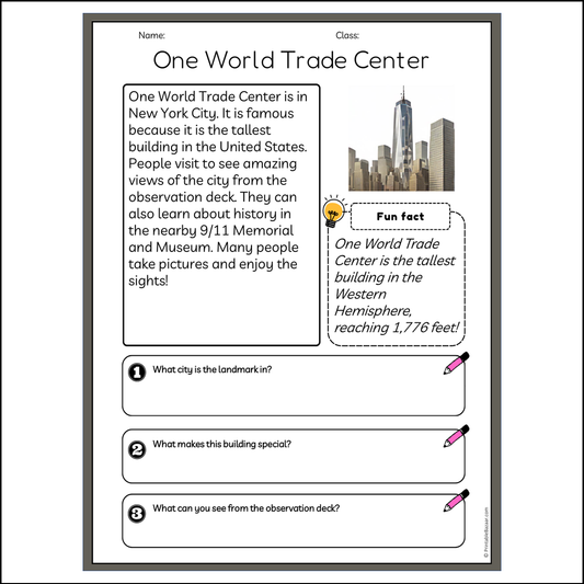 One World Trade Center | Reading Passage Comprehension Questions Writing Facts Worksheet