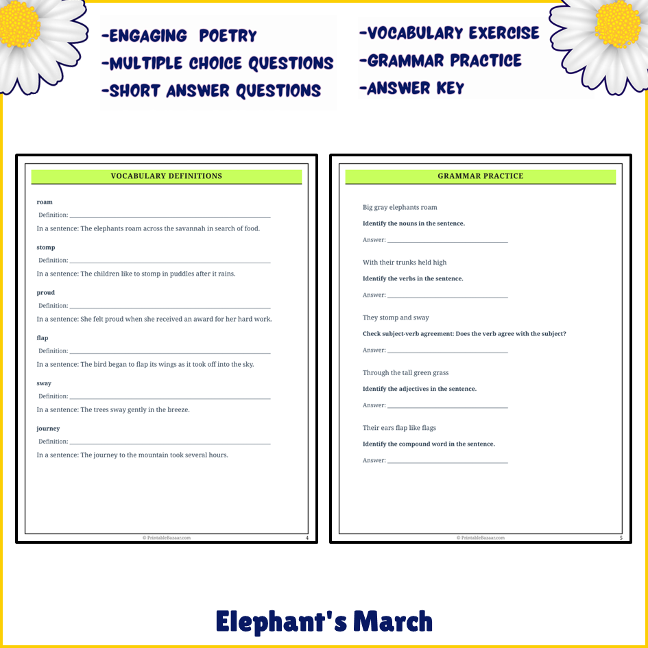 Elephant's March | Poem Grammar Worksheet Printable Activity