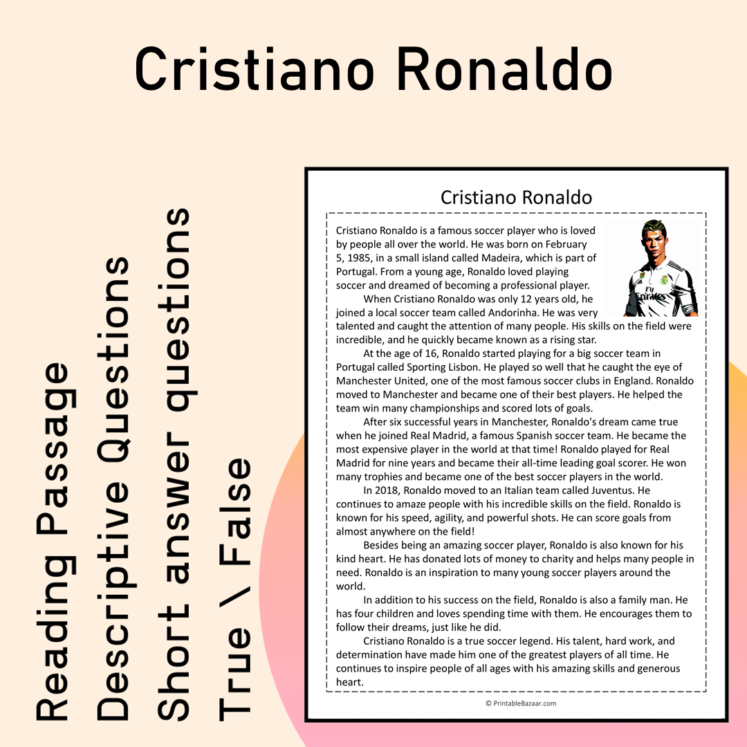 Cristiano Ronaldo | Reading Comprehension Passage Printable Activity