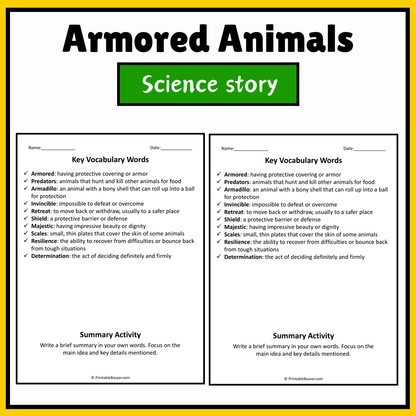 Armored Animals | Science Story Reading Comprehension Activity