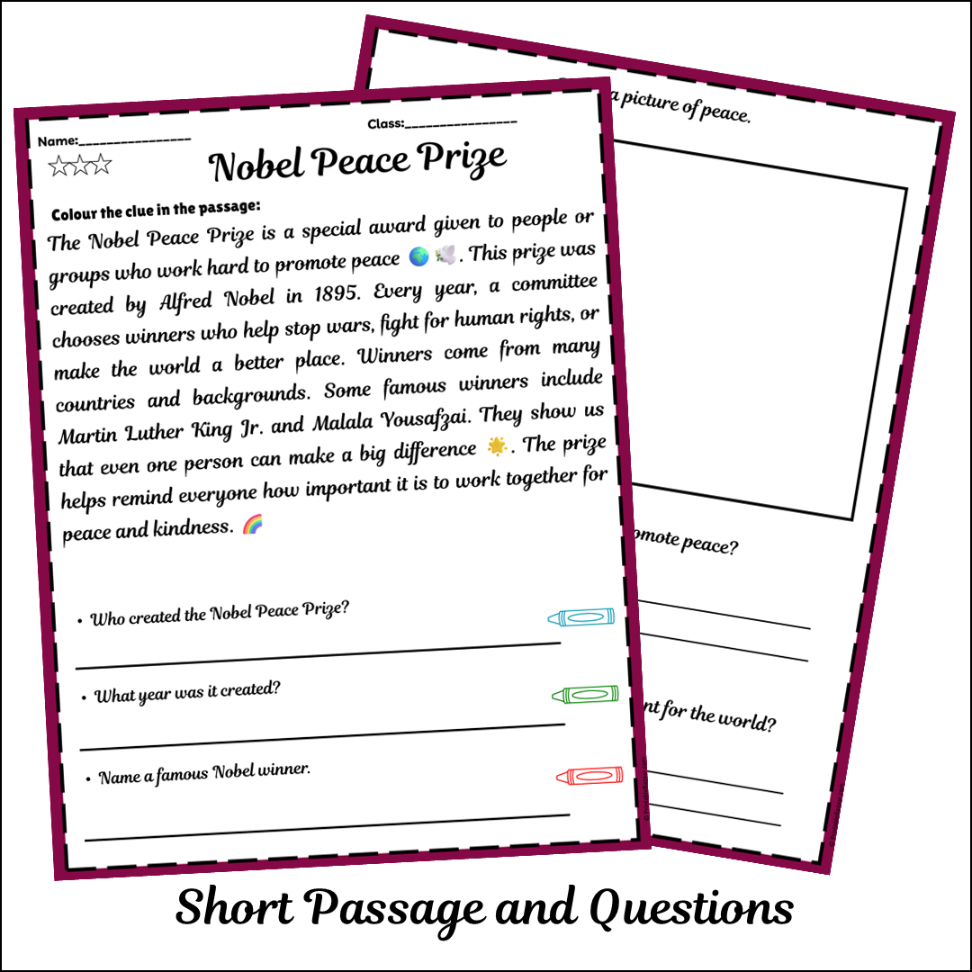 Nobel Peace Prize | Short Reading Comprehension Creative Worksheet