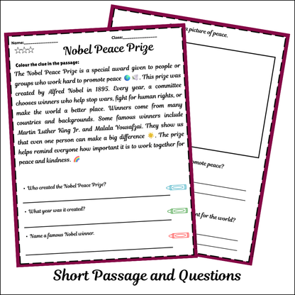 Nobel Peace Prize | Short Reading Comprehension Creative Worksheet