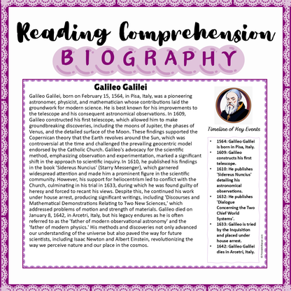 Galileo Galilei | Biography Reading Comprehension and Questions Worksheet