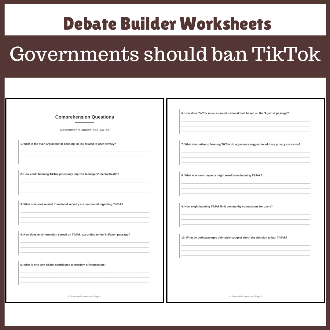 Governments should ban TikTok | Favour and Against Worksheet Printable Activity