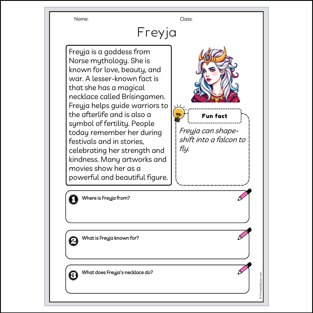 Freyja | Reading Passage Comprehension Questions Writing Facts Worksheet