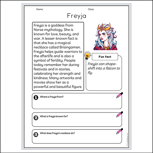 Freyja | Reading Passage Comprehension Questions Writing Facts Worksheet