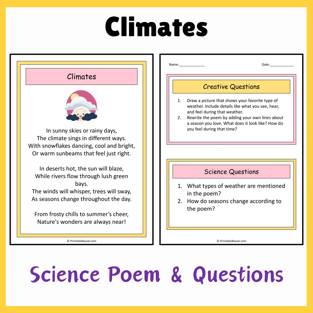 Climates | Science Poem Reading Comprehension Activity