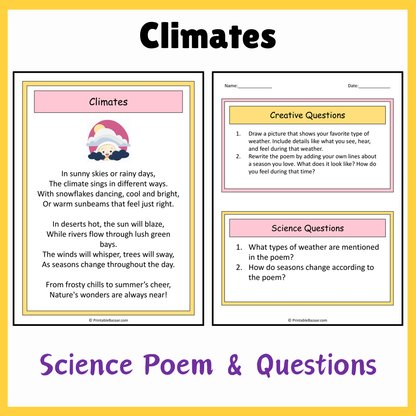 Climates | Science Poem Reading Comprehension Activity