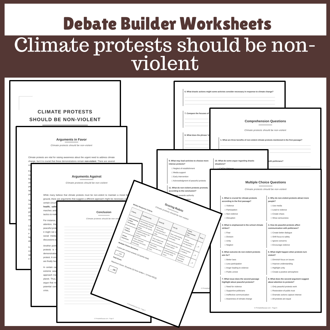 Climate protests should be non-violent | Favour and Against Worksheet Printable Activity