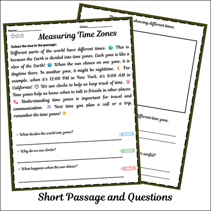 Measuring Time Zones | Short Reading Comprehension Creative Worksheet