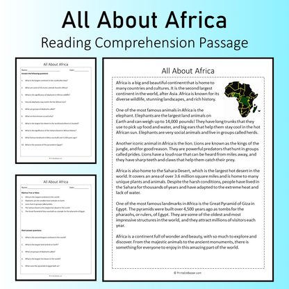 All About Africa | Reading Comprehension Passage Printable Worksheet